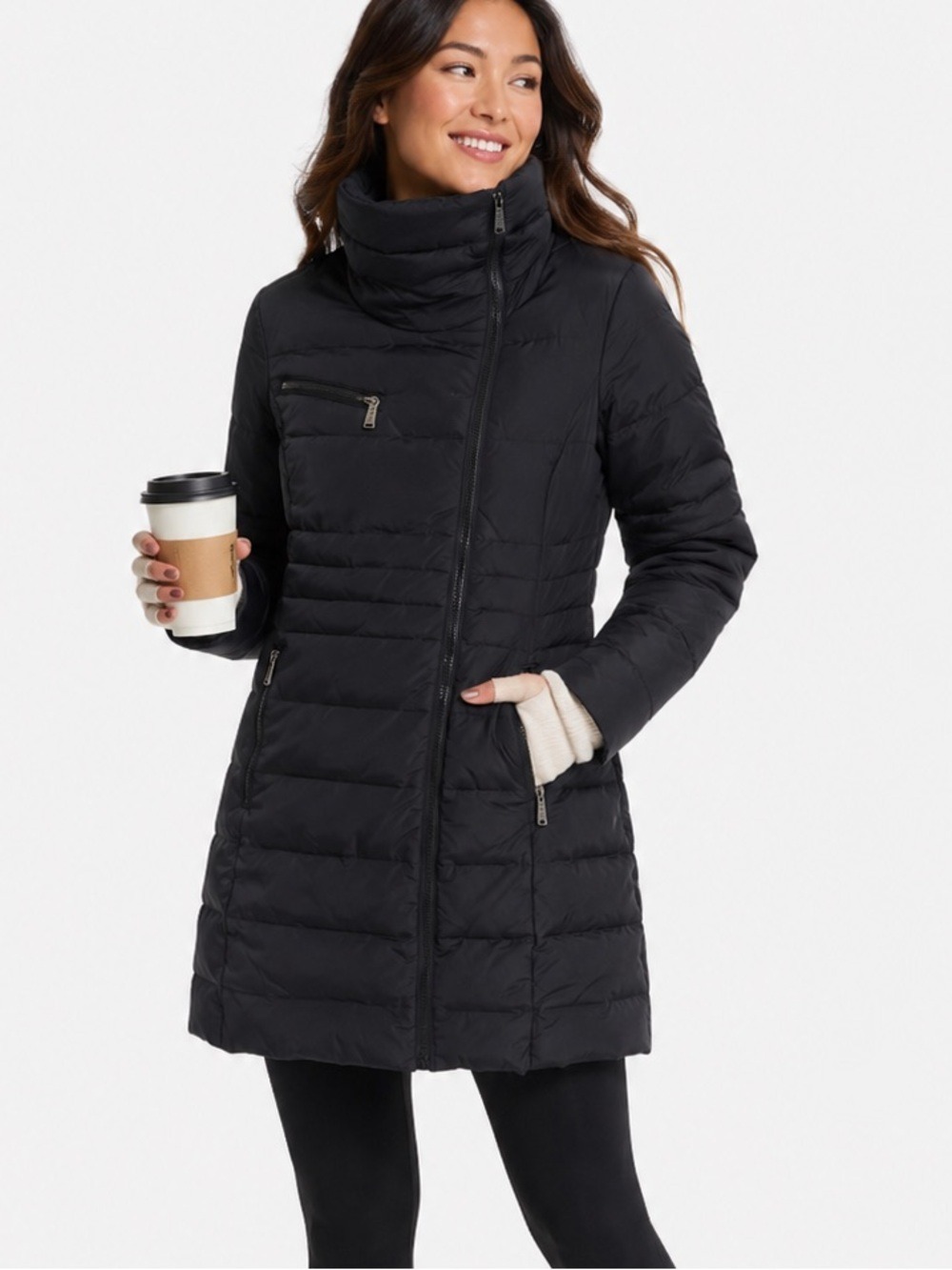 DKNY Black High Collar Black Down Filled Long Puffer Jacket Coat Small